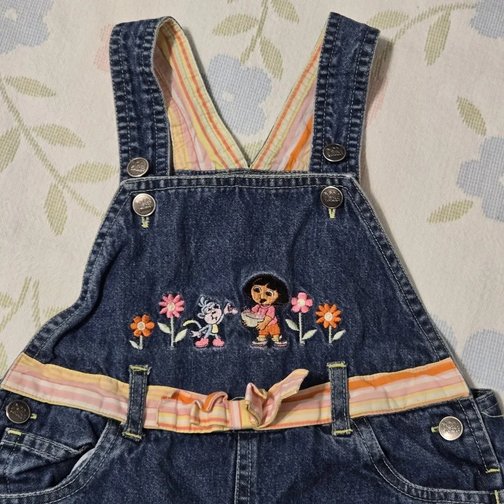 Y2K Dora The Explorer Nick Jr Embroidered Denim Overalls Shorts 24M‎